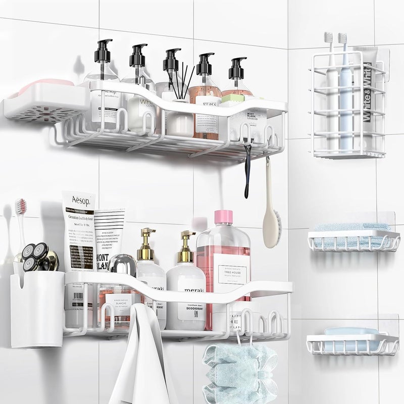 NESOMI Shower Caddy Adhesive Shower Organizer 7-Pack, Rustproof Stainless Steel Bathroom Shelves, Large Capacity No-Drill Rack Storage Accessories with Soap Dish Toothbrush Holder Hooks (White) - Image 1